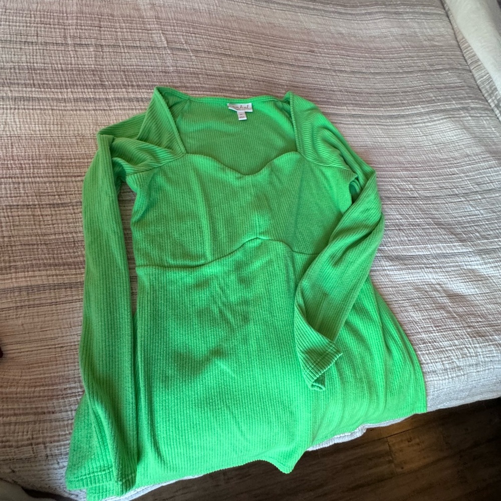 Neon Green Ribbed Long Sleeve Mini Dress